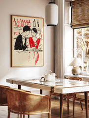 Illustrative art print of a couple drinking red wine at a bar, with red and black bottles in the, in a styled room mockup