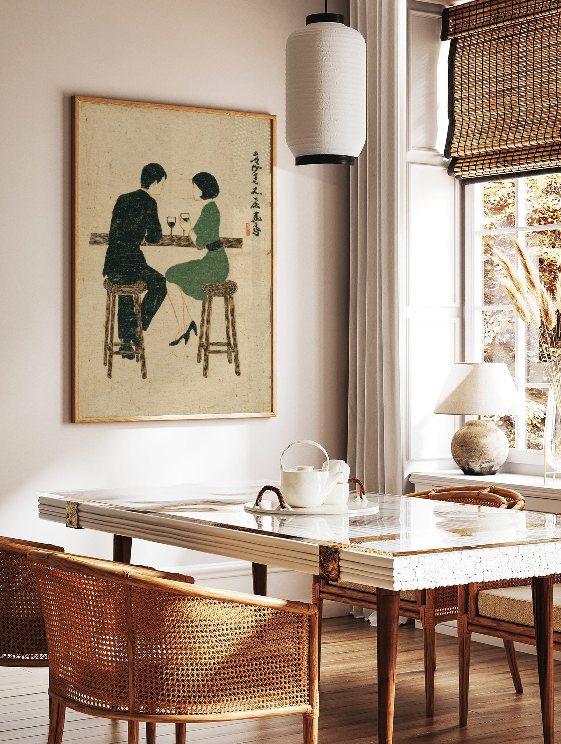 Illustrative print of a man and woman at a bar with wine, in a mid-century modern style with, in a styled room mockup