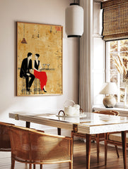 Stylised illustration of a man and woman in black and red, sitting at a bar with martini glasses on, in a styled room mockup