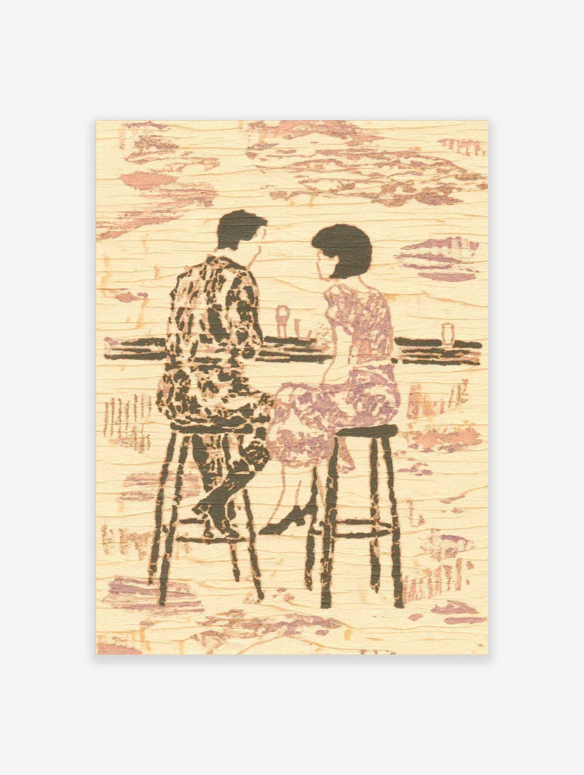 Textured illustrative print of a couple on bar stools at a counter, in muted beige and purple tones