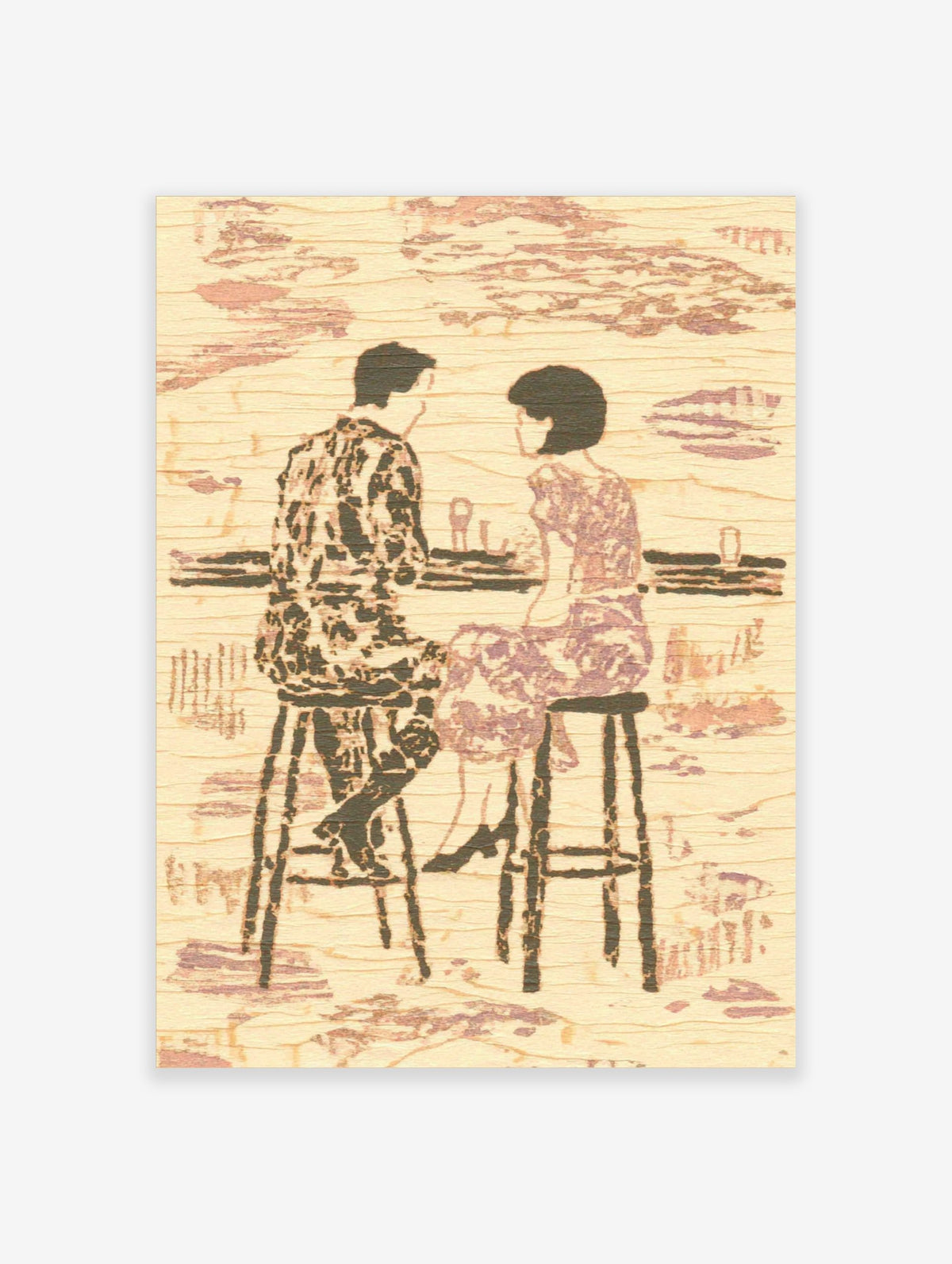 Textured illustrative print of a couple on bar stools at a counter, in muted beige and purple tones