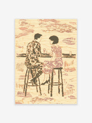 Textured illustrative print of a couple on bar stools at a counter, in muted beige and purple tones