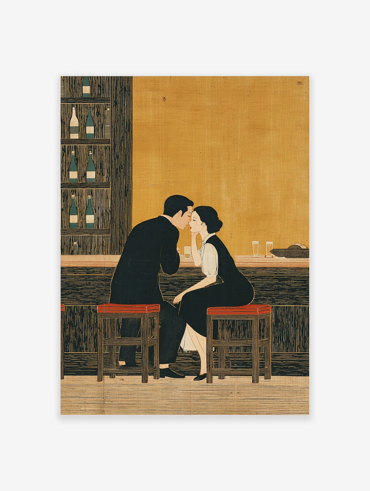 Illustrative print of a couple at a bar, leaning in close, with bottles on shelves and warm golden background