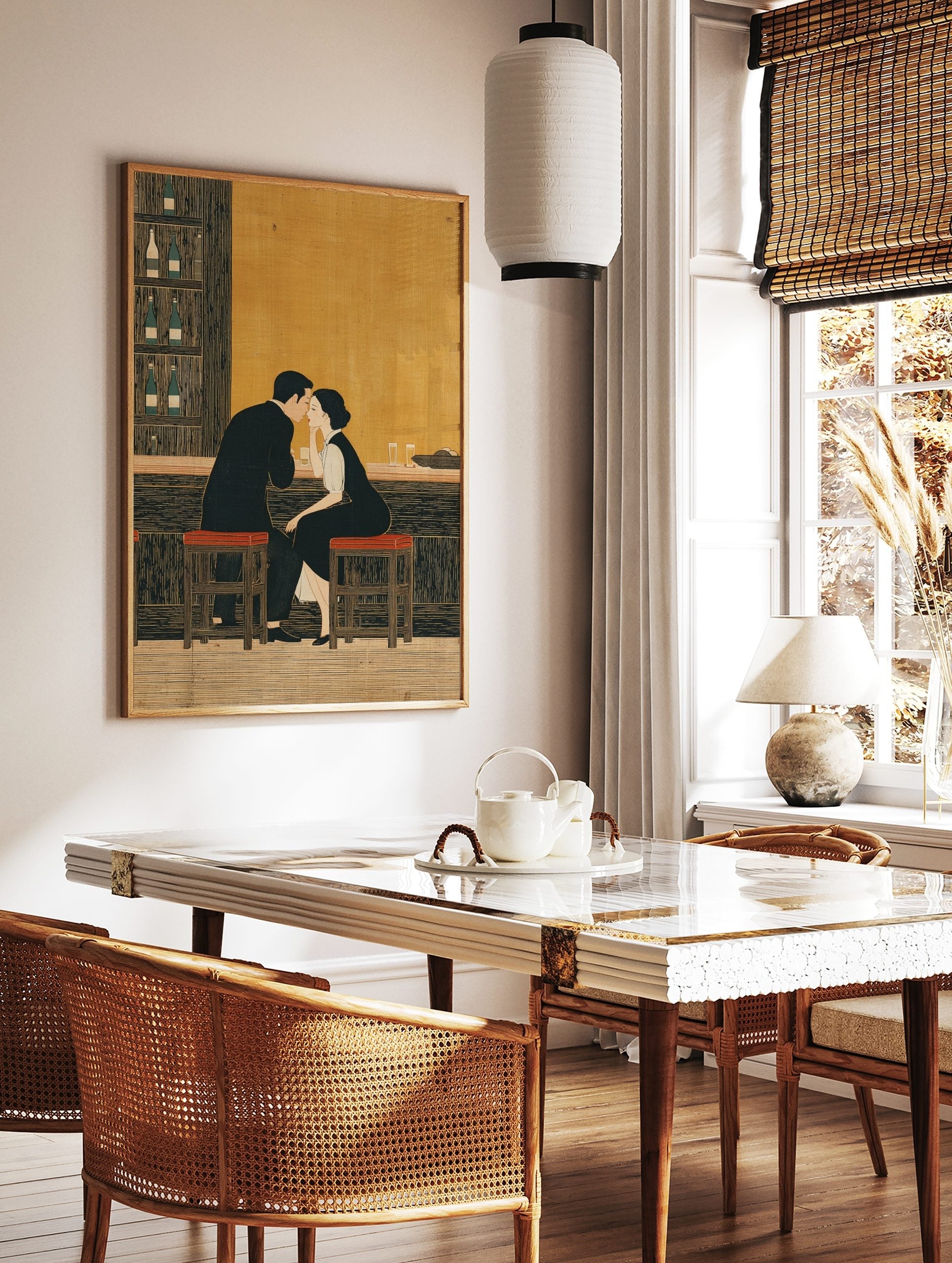 Illustrative print of a couple at a bar, leaning in close, with bottles on shelves and warm golden, in a styled room mockup
