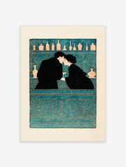 Illustrative teal and black wall art of a couple kissing at a bar with bottles on shelves