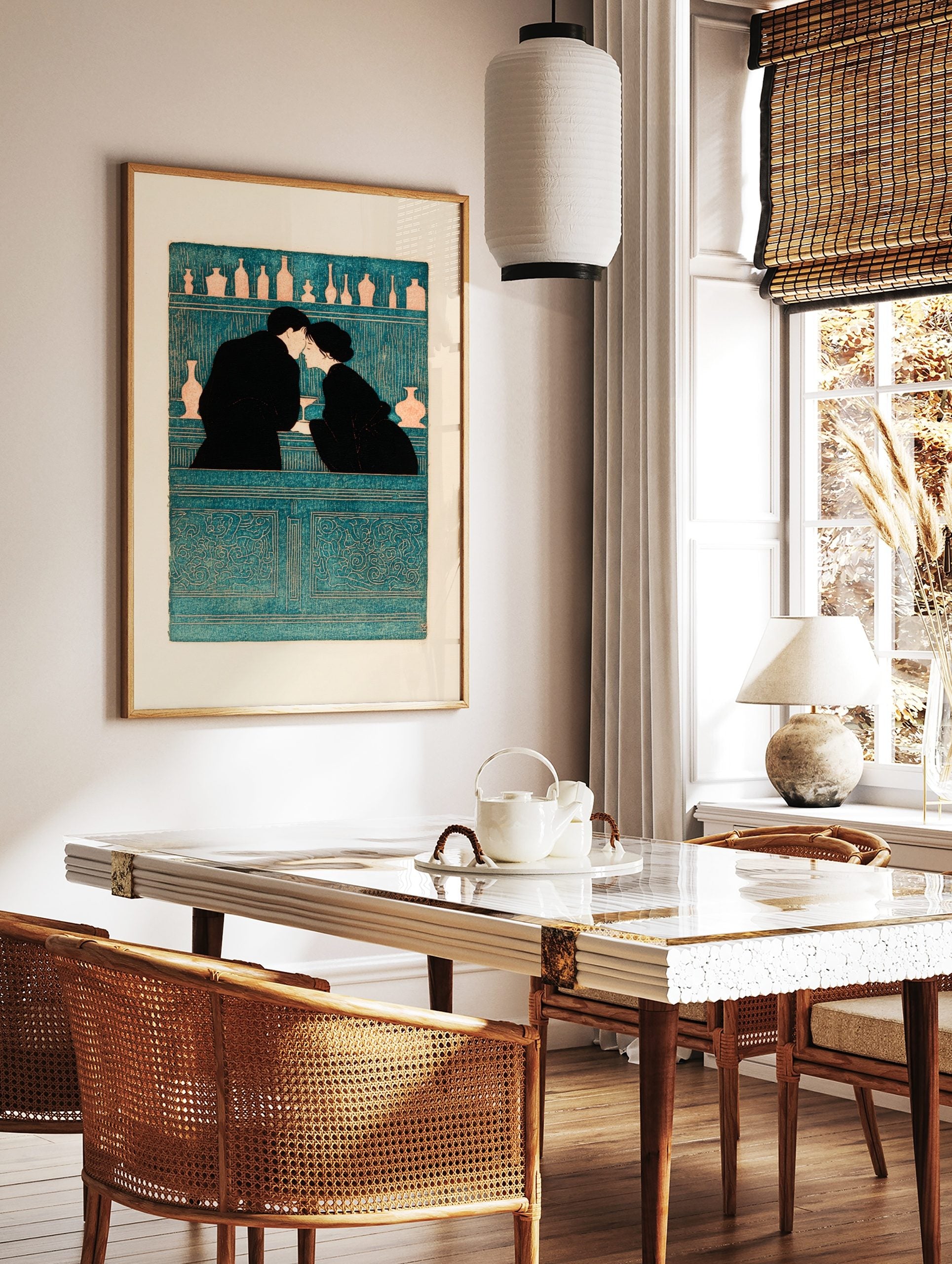 Illustrative teal and black wall art of a couple kissing at a bar with bottles on shelves, in a styled room mockup
