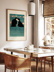 Illustrative teal and black wall art of a couple kissing at a bar with bottles on shelves, in a styled room mockup
