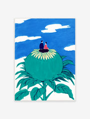 Illustrative art print of a couple on a giant green flower looking at a blue sky with white clouds