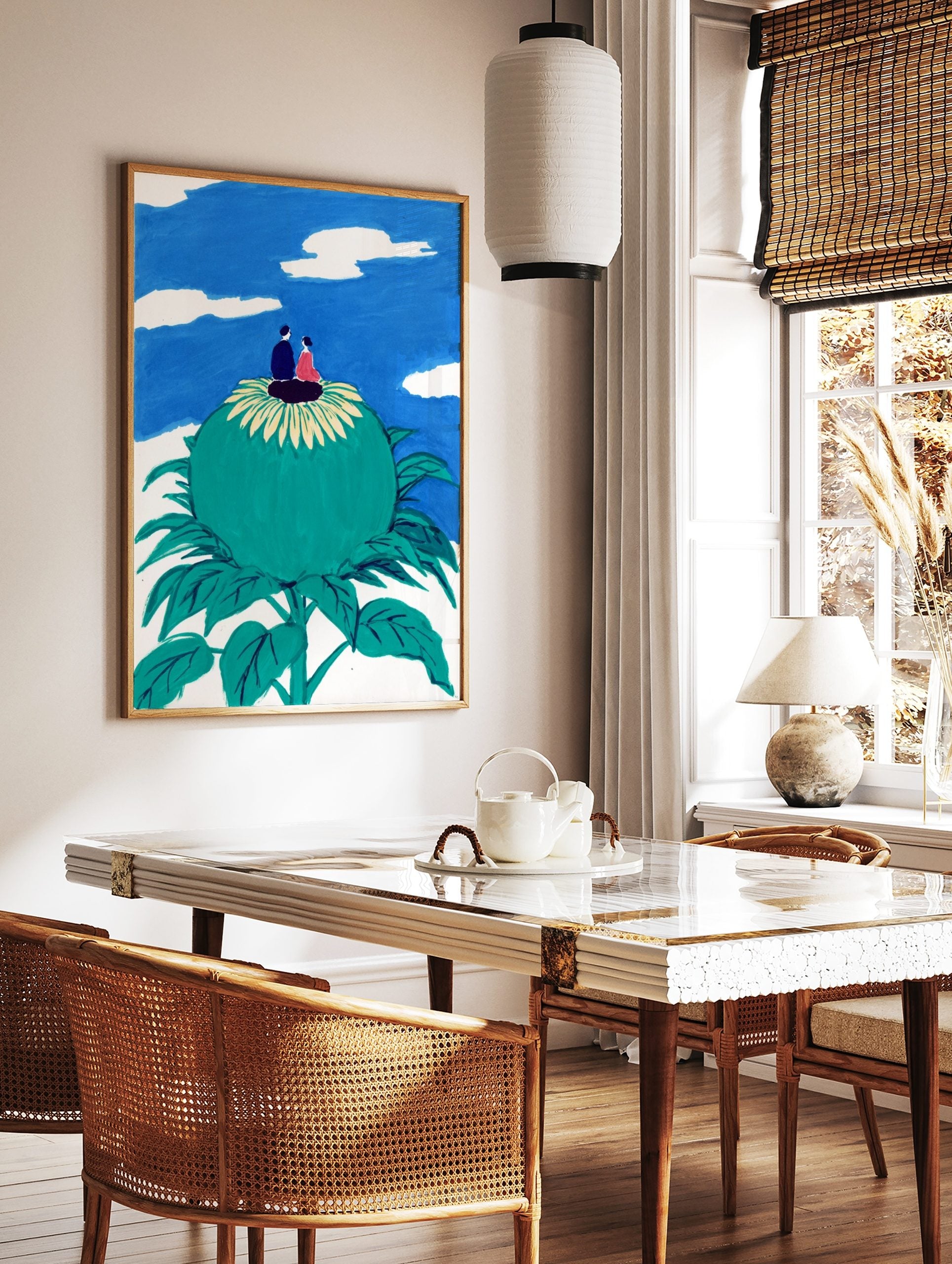 Illustrative art print of a couple on a giant green flower looking at a blue sky with white clouds, in a styled room mockup