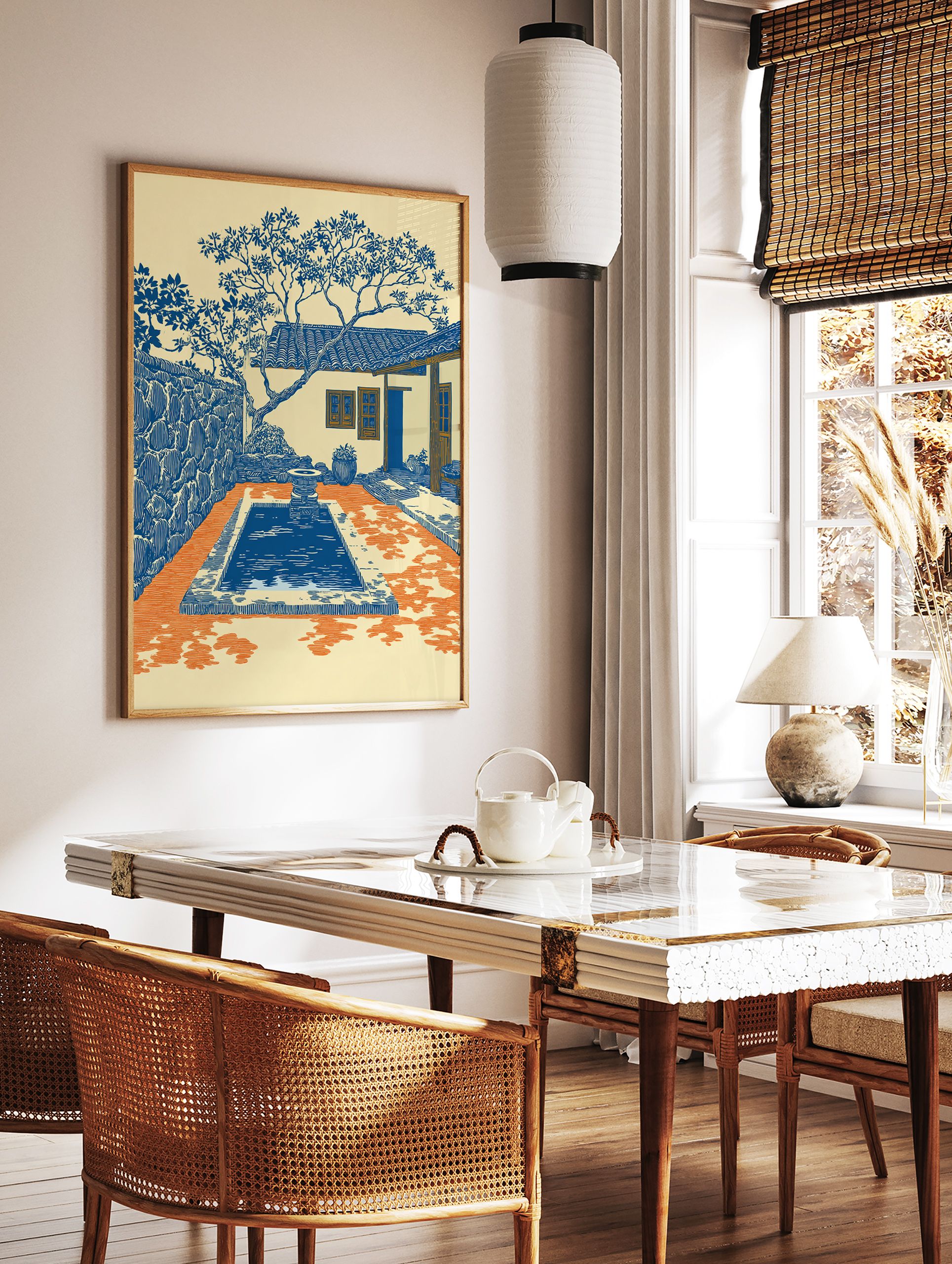 Courtyard Art Print of a Mediterranean scene with a blue pool, tiled house, and tree in blue, orange, and cream. - Image 2