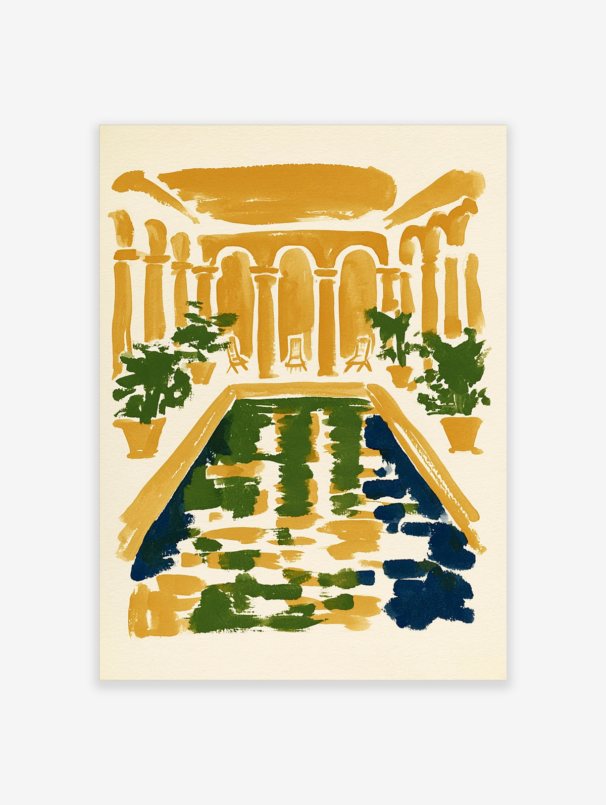 Ochre courtyard arches, potted green plants, and a blue-tiled pool in a vertical architectural poster