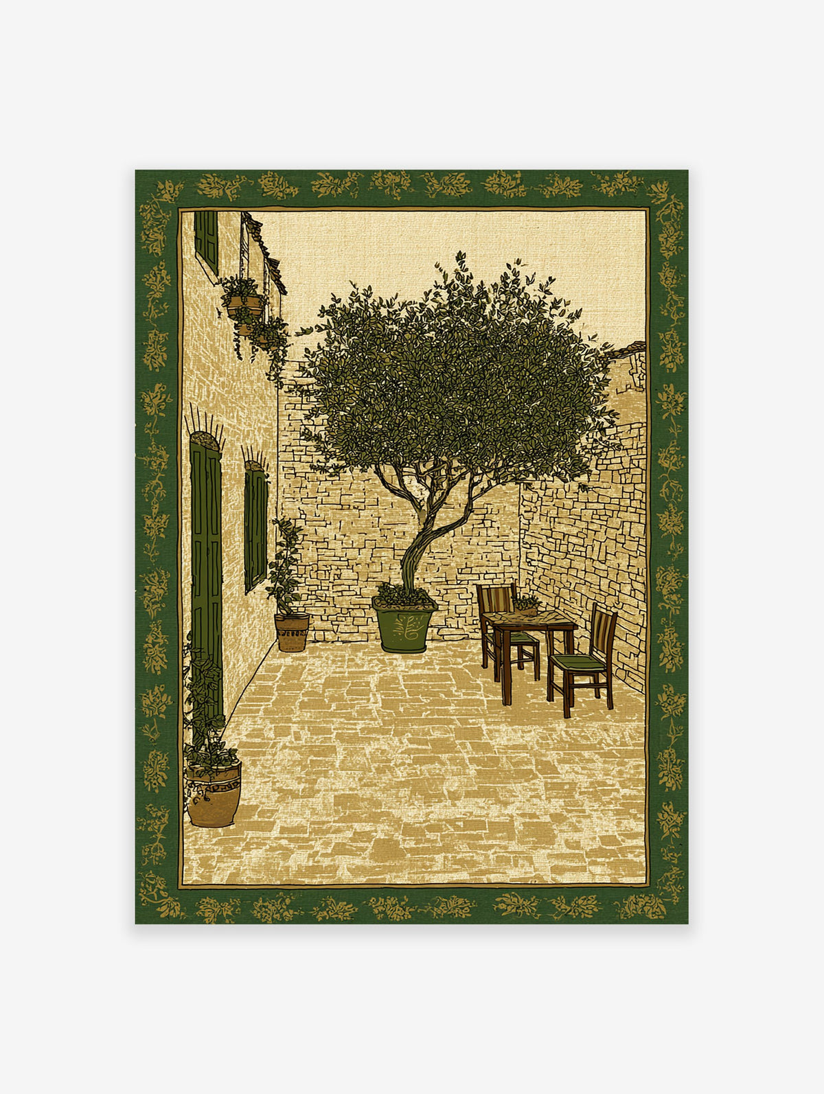Illustrative courtyard wall art print with a tree, stone walls, table, and chairs, framed by a green botanical border.
