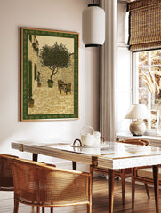 Illustrative courtyard wall art print with a tree, stone walls, table, and chairs, framed by a green botanical border. - Image 2