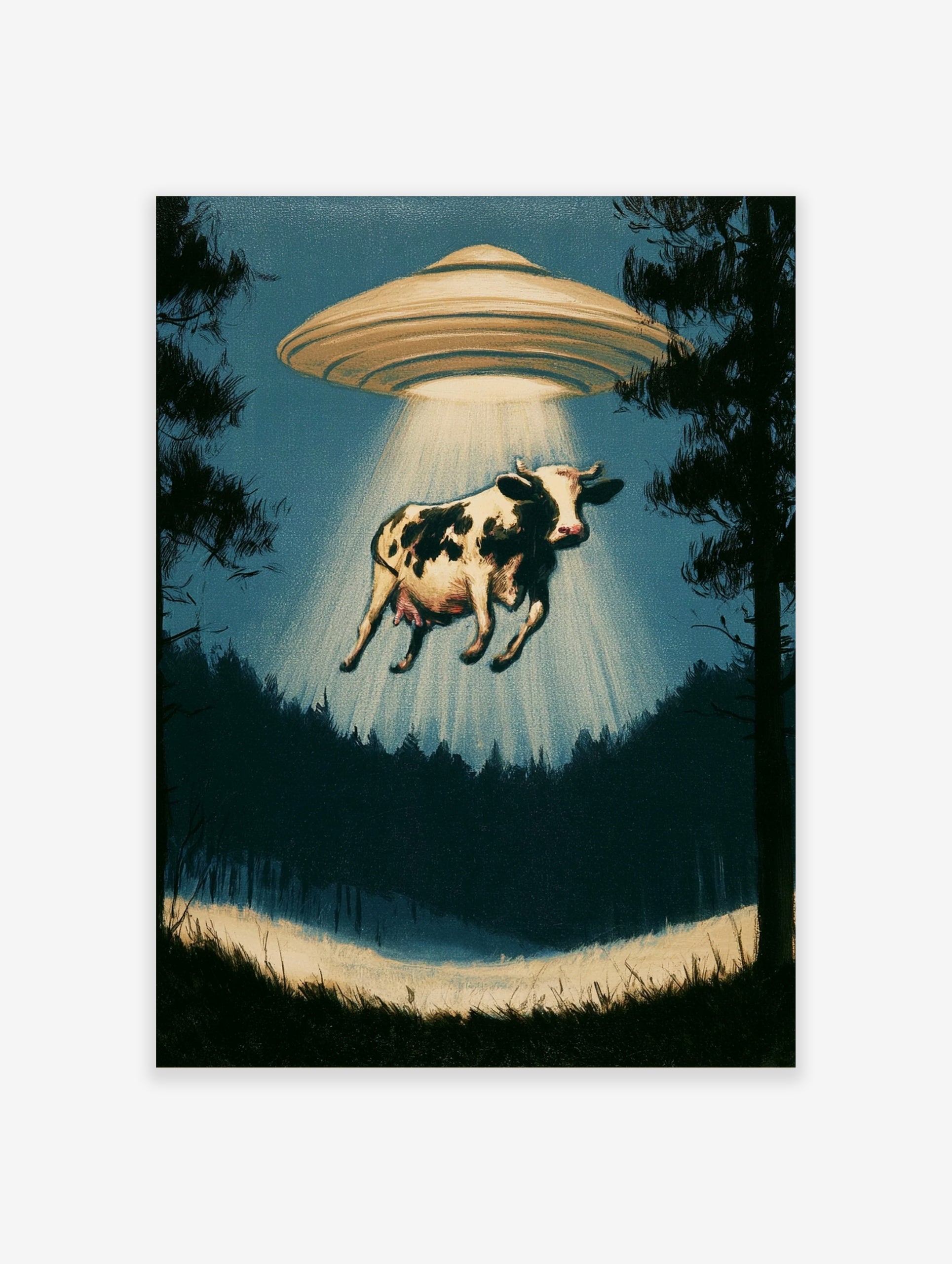 Surreal cow abduction wall art print featuring a UFO in a silhouetted forest with a glowing spotlight