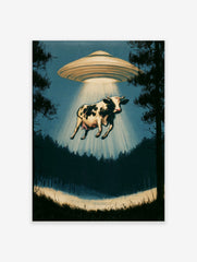 Surreal cow abduction wall art print featuring a UFO in a silhouetted forest with a glowing spotlight