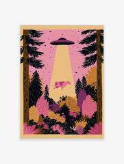 Illustrative pink cow being abducted by a UFO in a forest with pine trees and pink sky