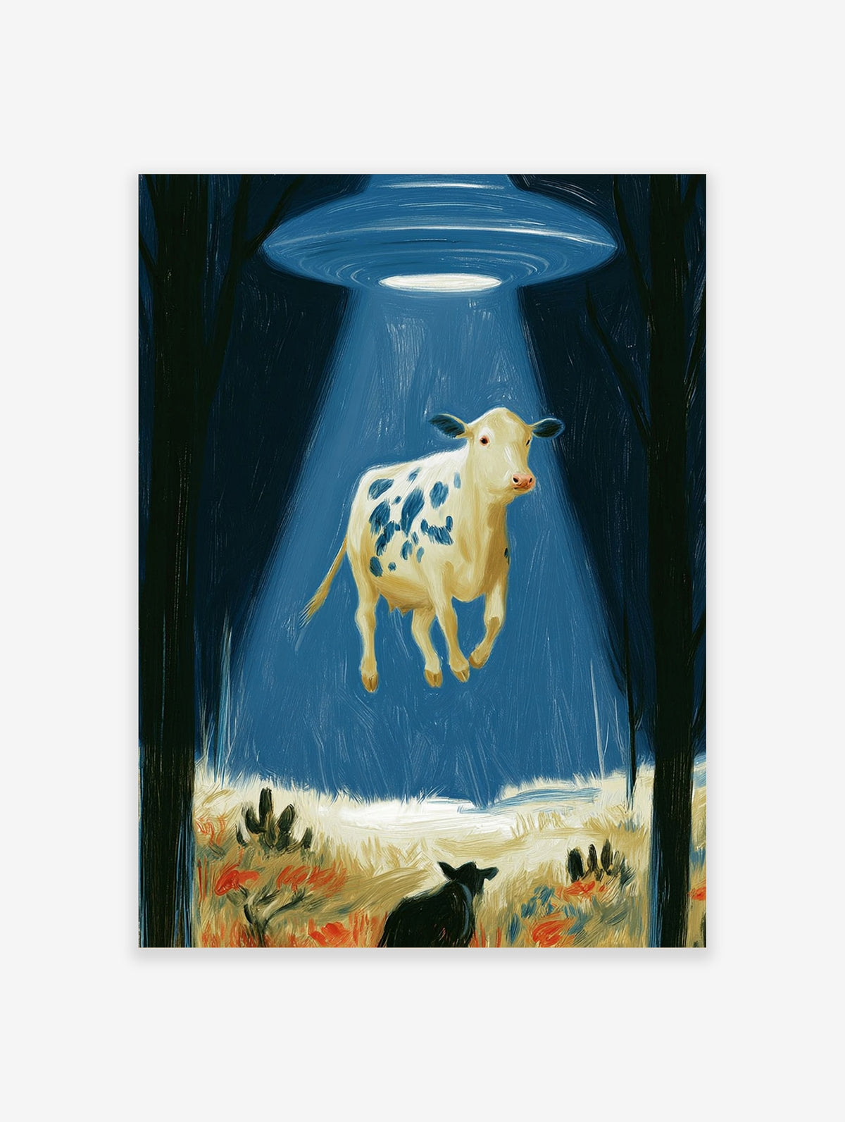 Surreal wall art print of a spotted cow levitating in a bright blue UFO tractor beam within a dark forest