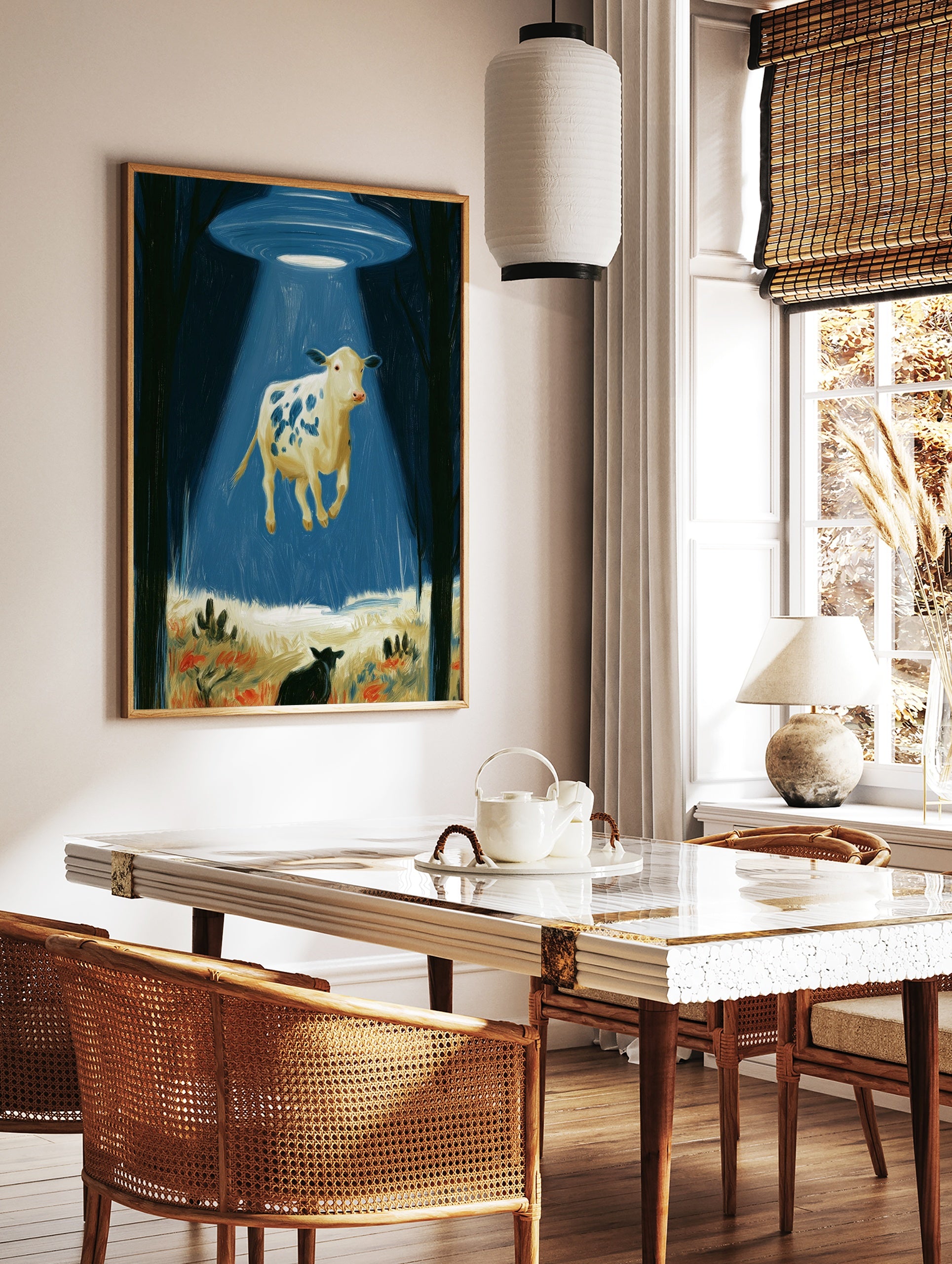 Surreal wall art print of a spotted cow levitating in a bright blue UFO tractor beam within a dark, in a styled room mockup