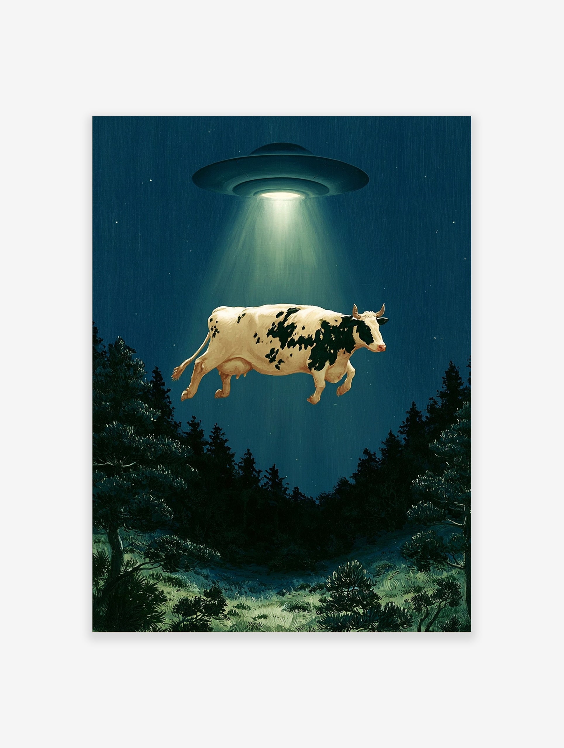 Surreal cow abduction wall art print featuring a UFO lifting a cow above a dark forest at night