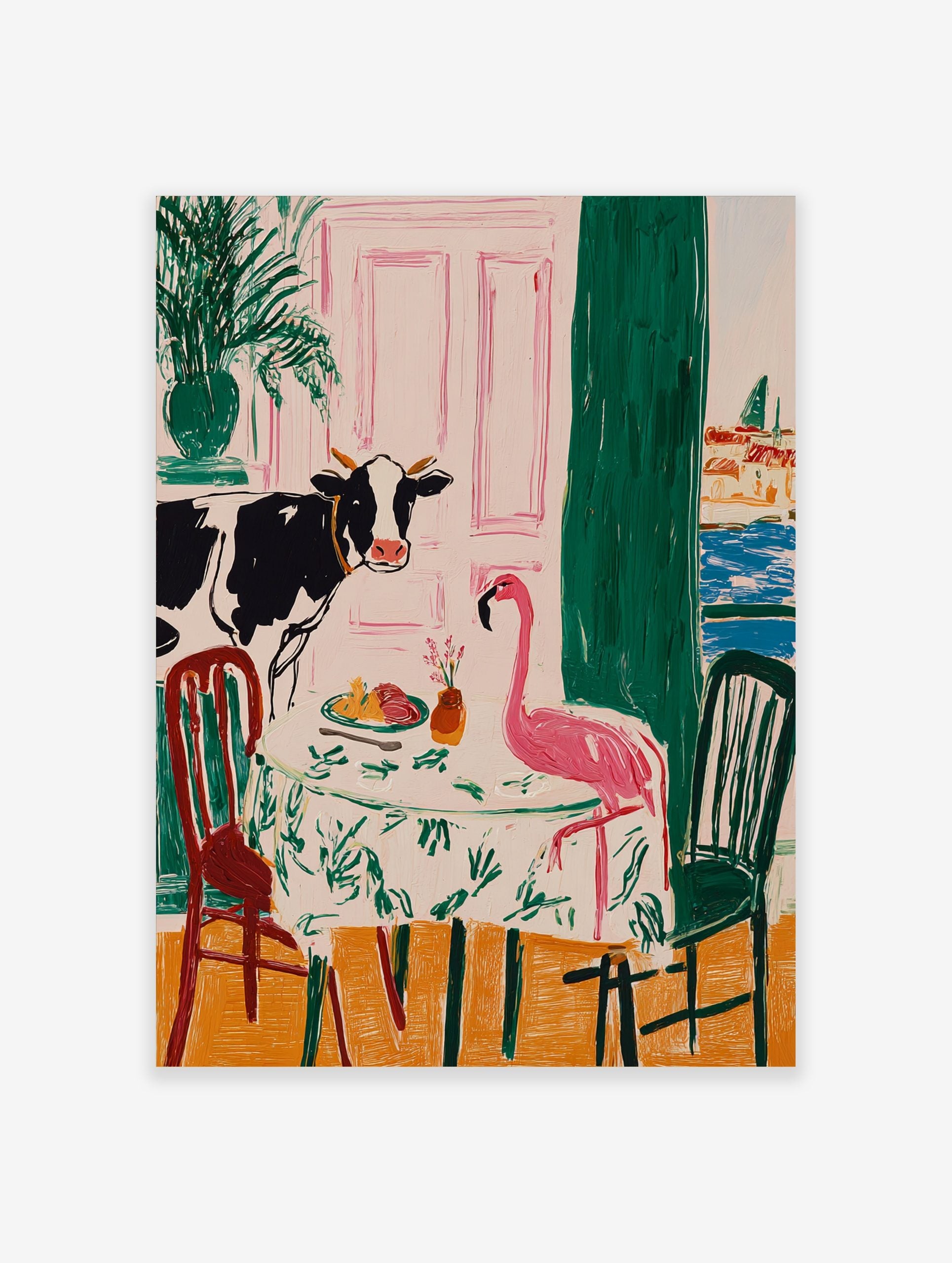 Illustrative wall art of a cow and a pink flamingo dining at a table, with a pink door and cityscape