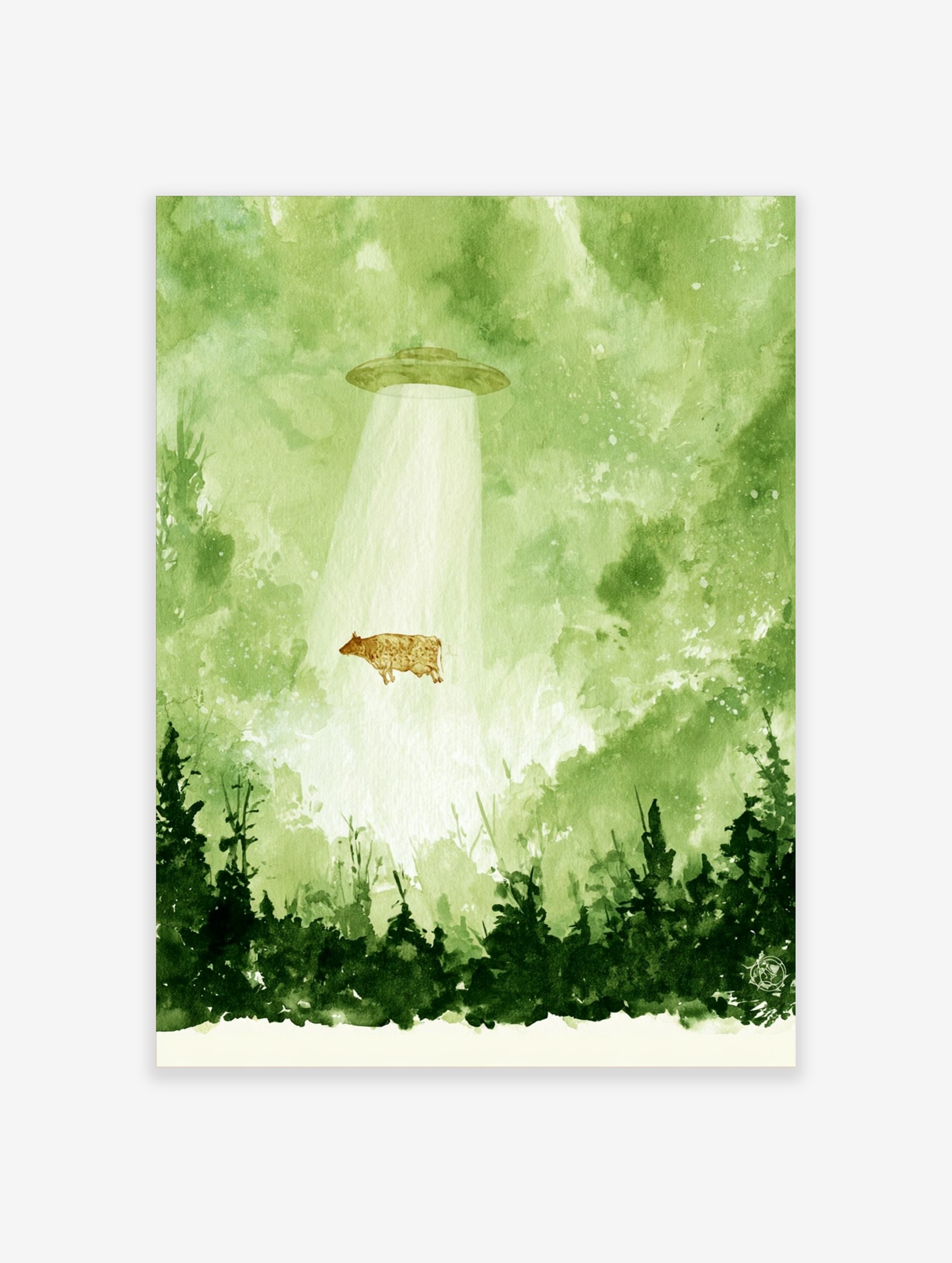 Watercolour illustration of a cow being abducted by a UFO in a green forest setting