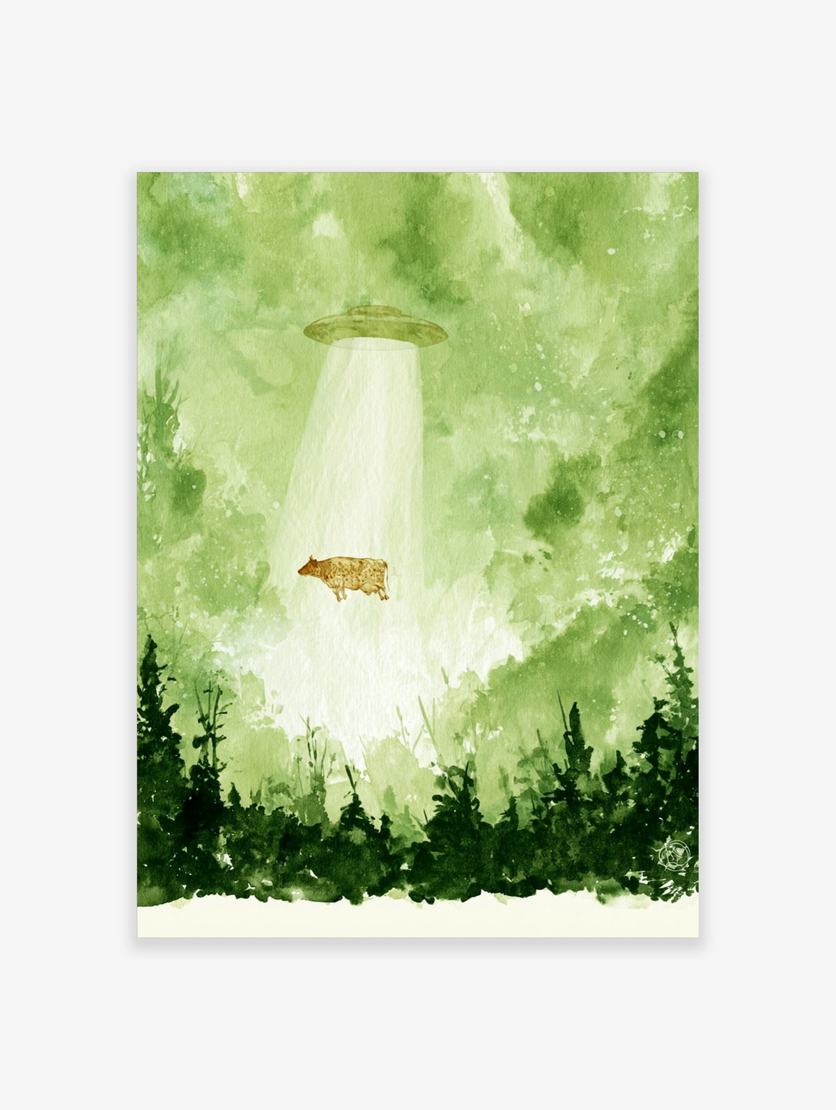 Watercolour illustration of a cow being abducted by a UFO in a green forest setting