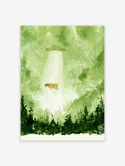 Watercolour illustration of a cow being abducted by a UFO in a green forest setting