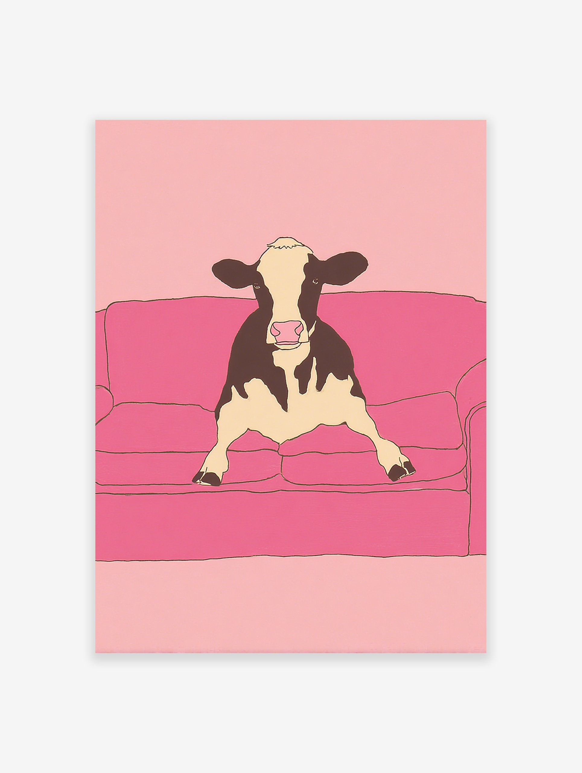 Illustrative art print of a black and white cow sitting on a pink couch against a pink background.