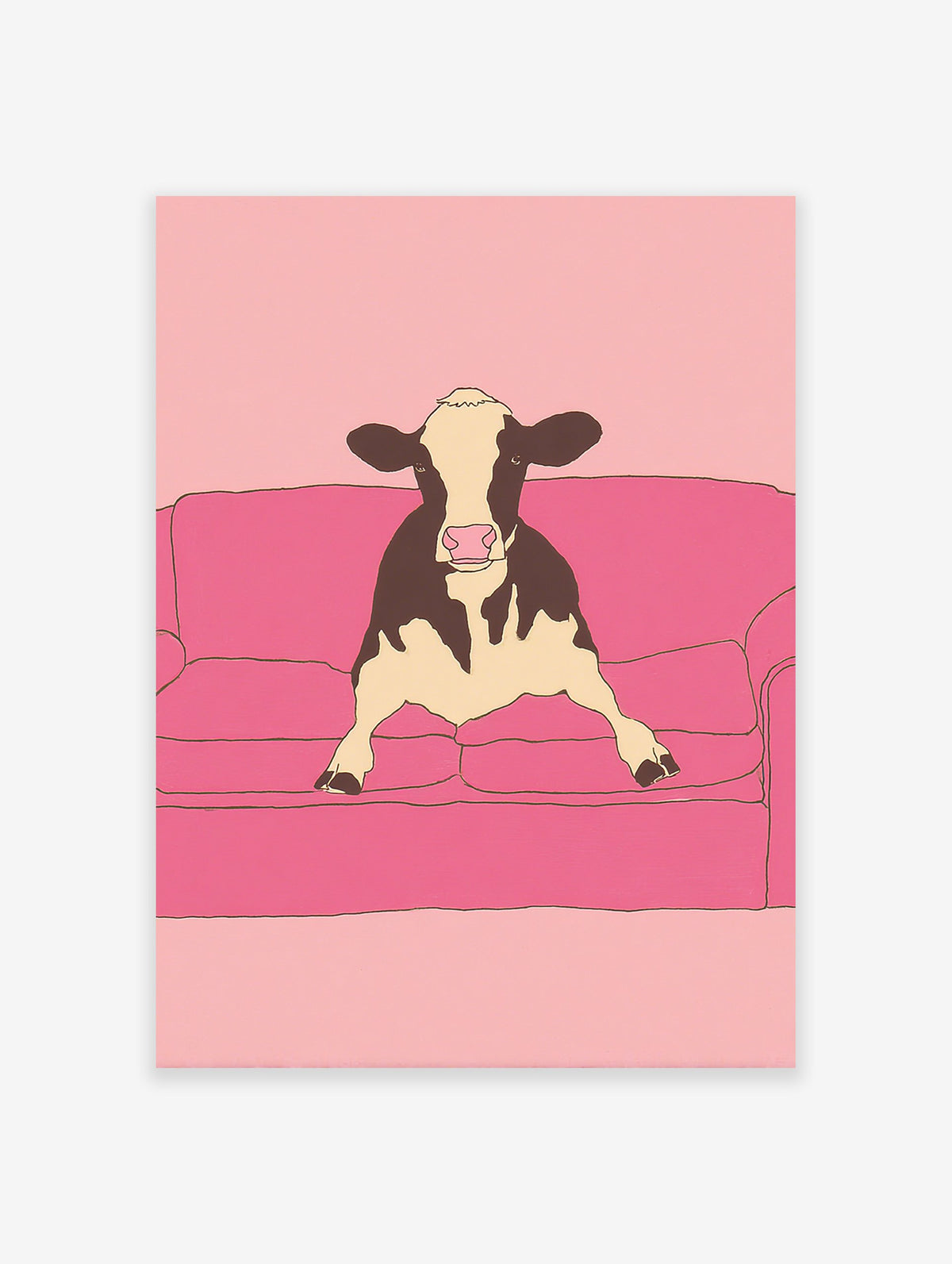 Illustrative art print of a black and white cow sitting on a pink couch against a pink background.