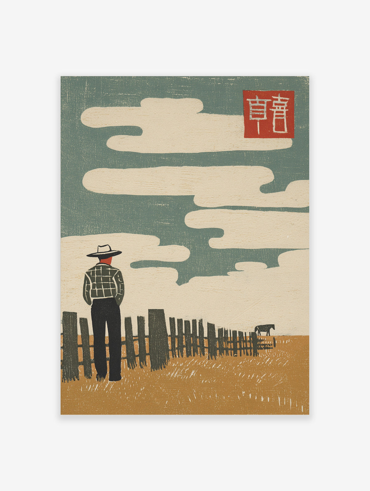 Cowboy in plaid shirt and hat by wooden fence, horse grazing, teal sky with clouds and red seal, landscape art print
