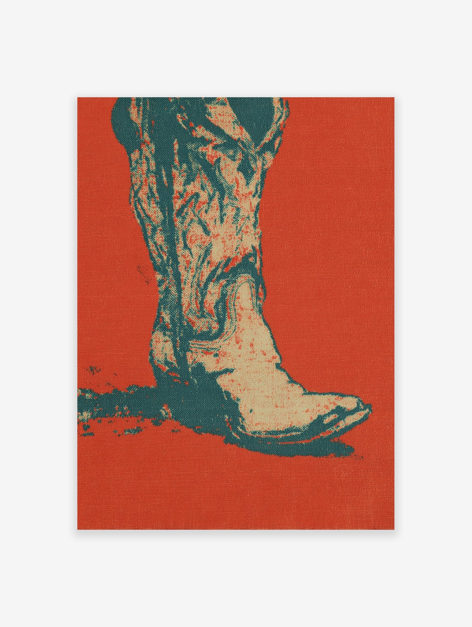 Cowboy boot poster featuring a graphic design in red, teal, and beige on a textured background.