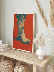 Cowboy boot poster featuring a graphic design in red, teal, and beige on a textured background. - Image 4