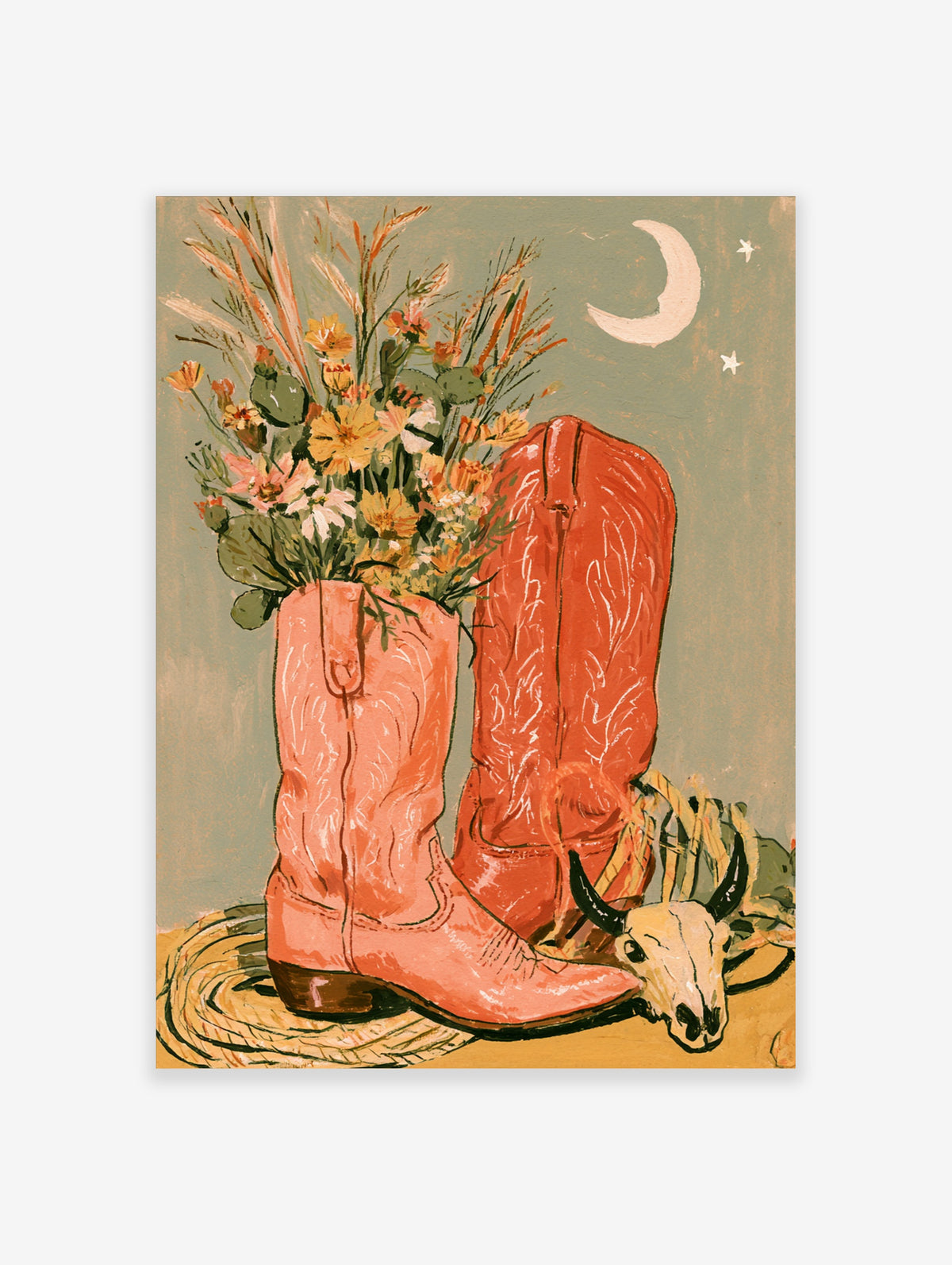 Cowboy boot vase with desert flowers, cow skull, rope, crescent moon, western art print