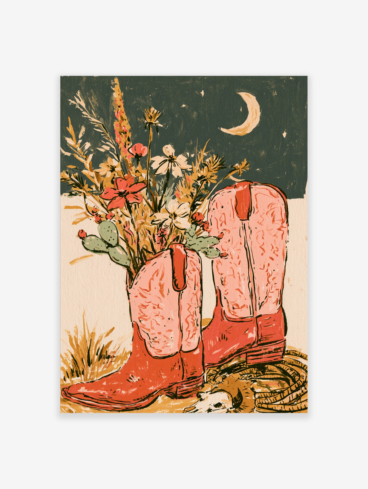 Pink cowboy boot vase with desert flowers, cactus, rope, skull and crescent moon illustration