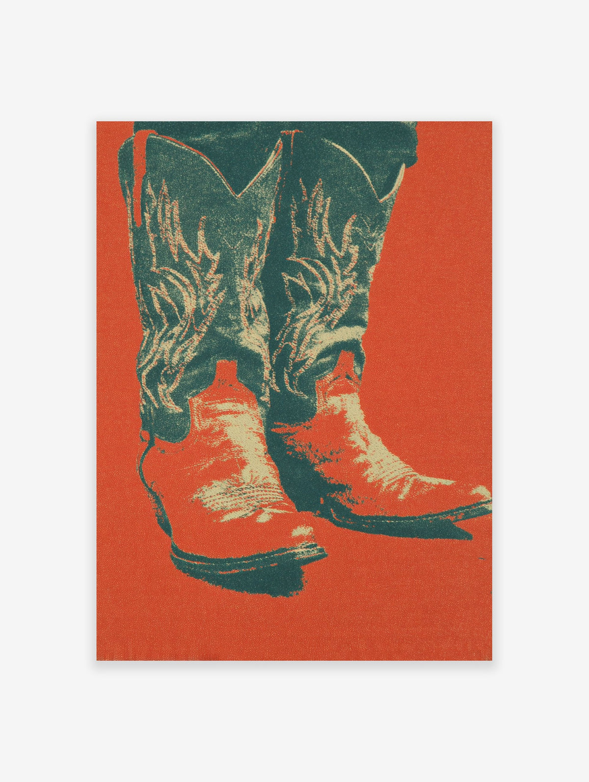 Pop art style poster featuring a pair of cowboy boots with decorative stitching against a vibrant red-orange background.