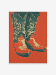 Pop art style poster featuring a pair of cowboy boots with decorative stitching against a vibrant red-orange background.