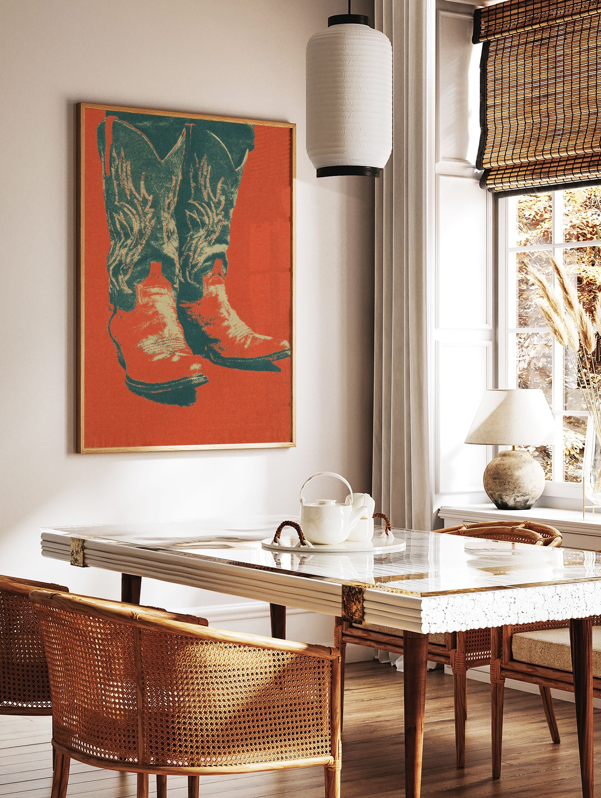 Pop art style poster featuring a pair of cowboy boots with decorative stitching against a vibrant red-orange background. - Image 2