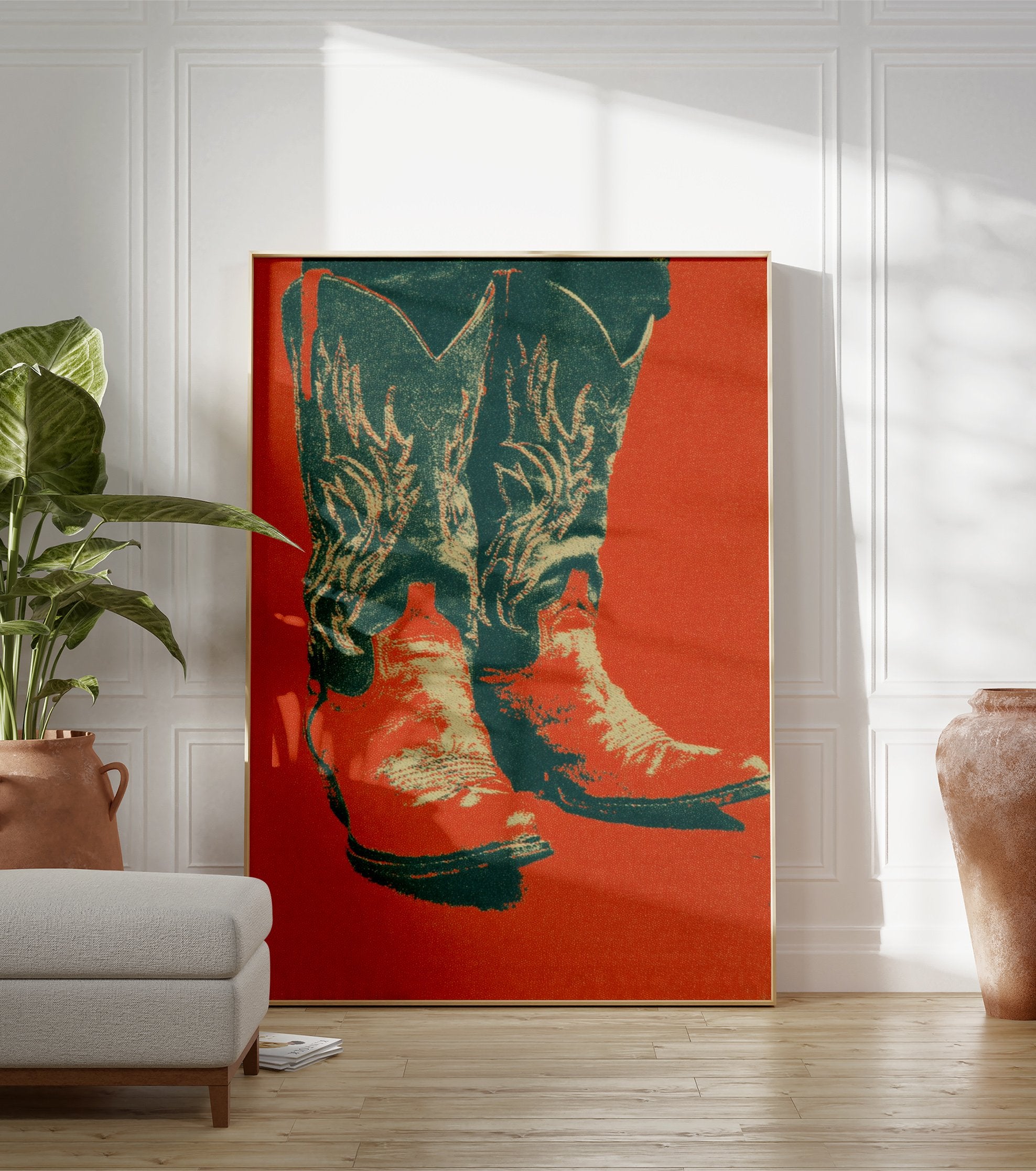 Pop art style poster featuring a pair of cowboy boots with decorative stitching against a vibrant red-orange background. - Image 3