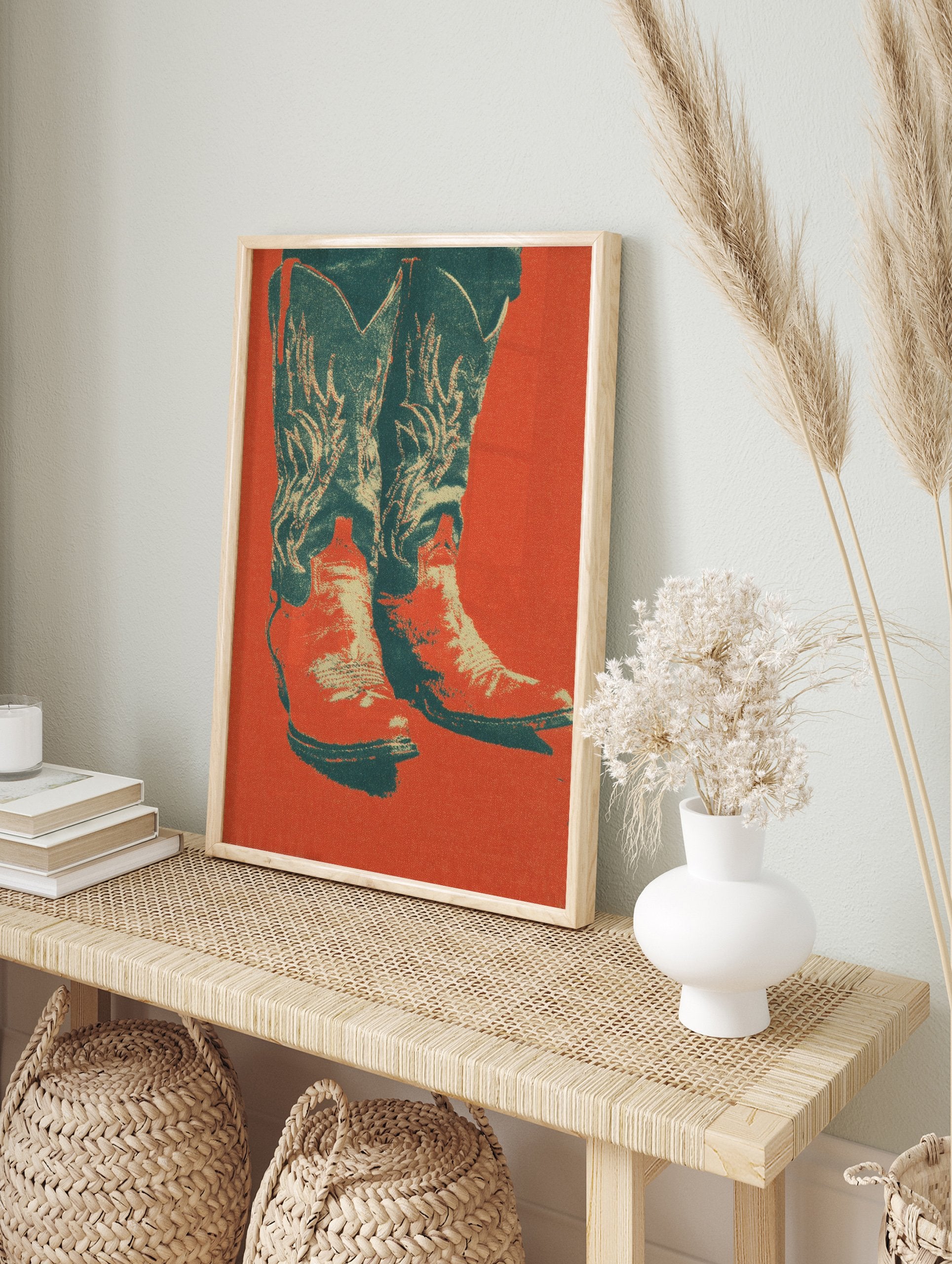 Pop art style poster featuring a pair of cowboy boots with decorative stitching against a vibrant red-orange background. - Image 4