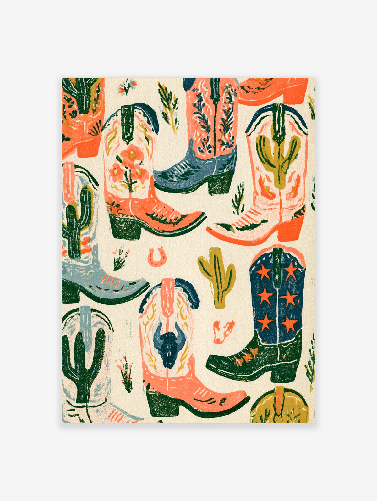 Cowboy boots poster with pink, blue, and green boots, cacti, and stars on a cream background