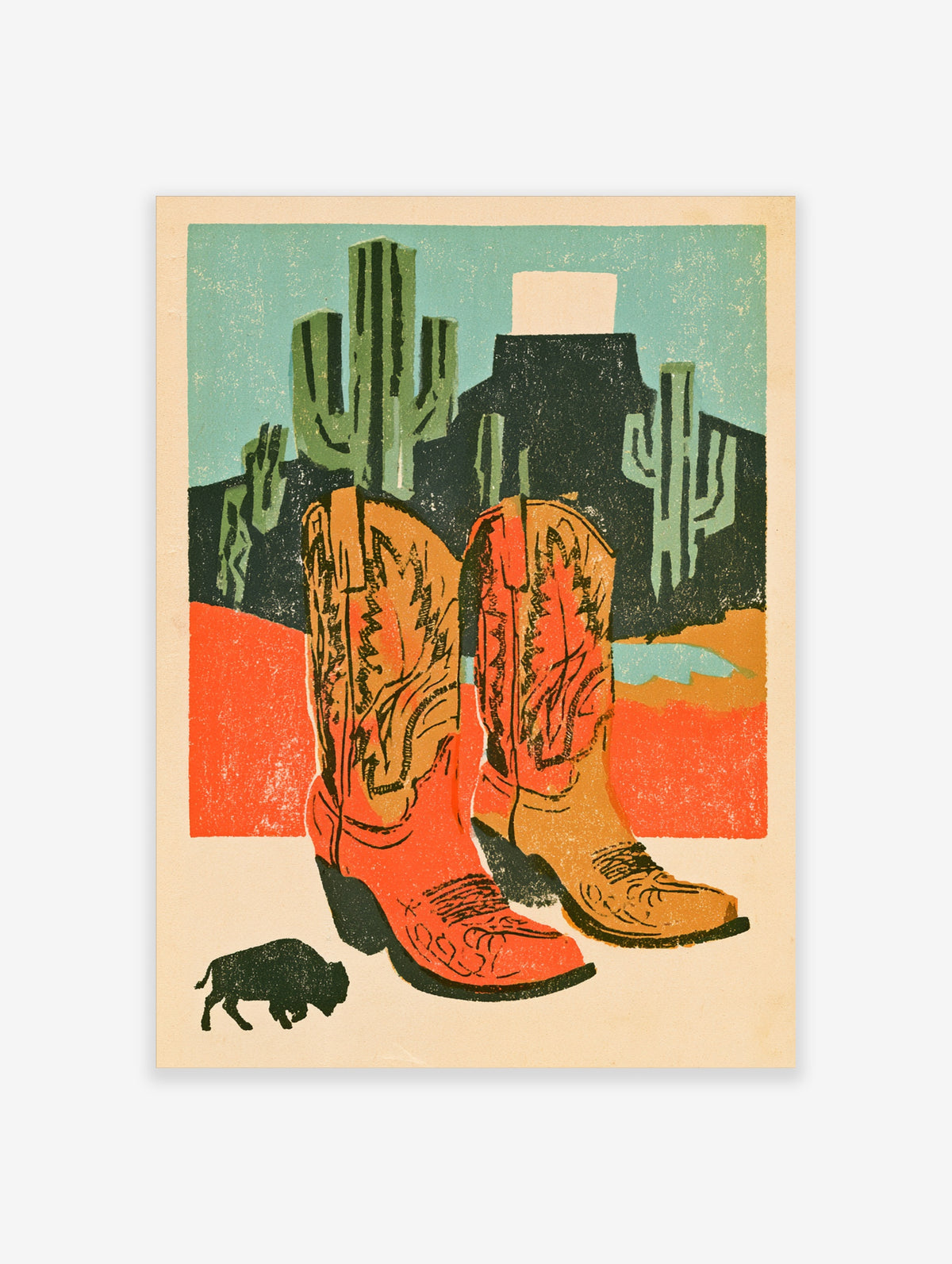 Cowboy boots poster with orange and tan boots, green cacti, dark mesa, and bison silhouette
