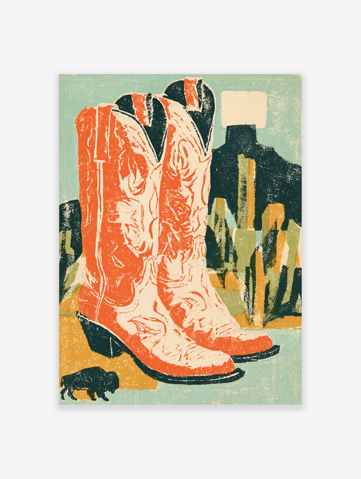 Cowboy boots poster with orange leather boots, white stitching, desert cacti, and buffalo silhouette
