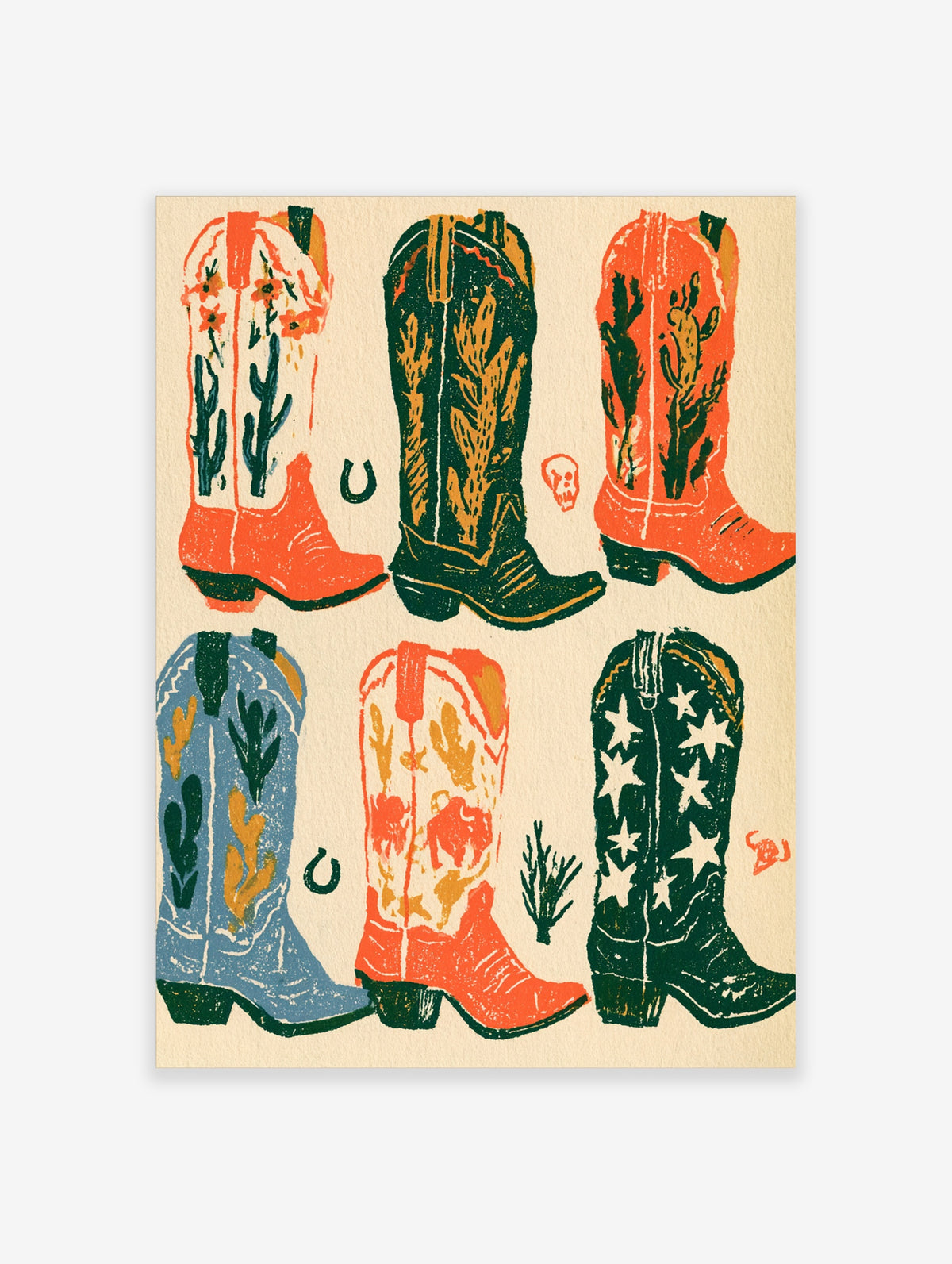 Retro cowboy boots poster with six western boot illustrations in orange, green and blue on cream