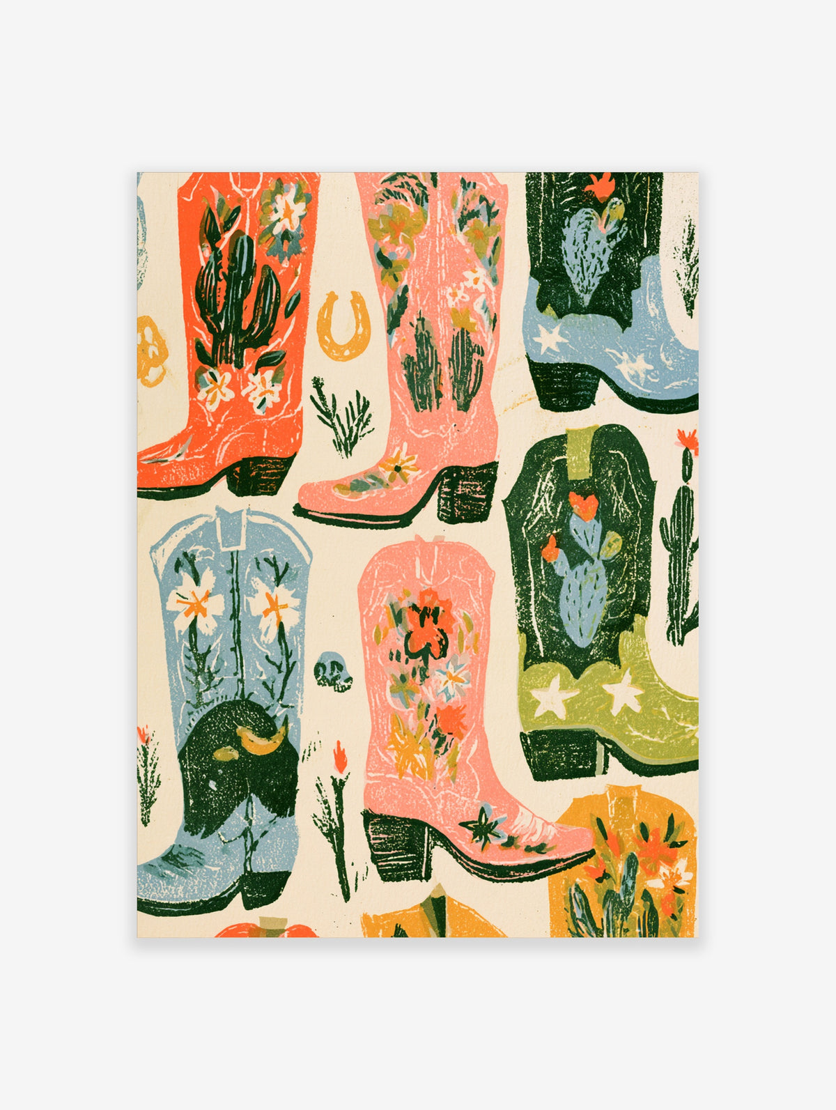 Colourful cowboy boots poster with cacti, flowers and stars on a cream background