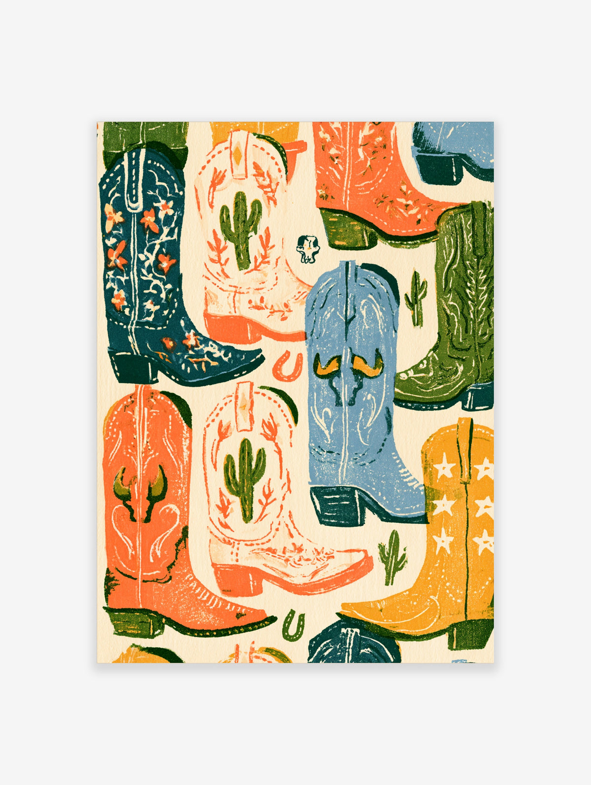 Colourful cowboy boots wall art with cactus, horseshoe and star motifs on cream background