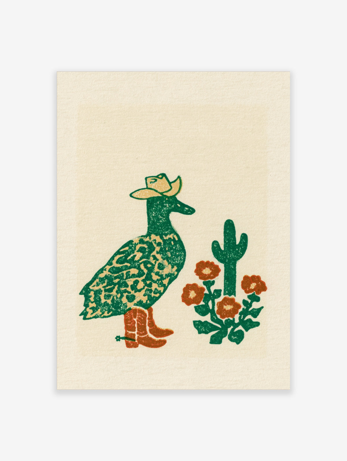 Green speckled duck in cowboy hat and boots beside cactus and red flowers on cream background