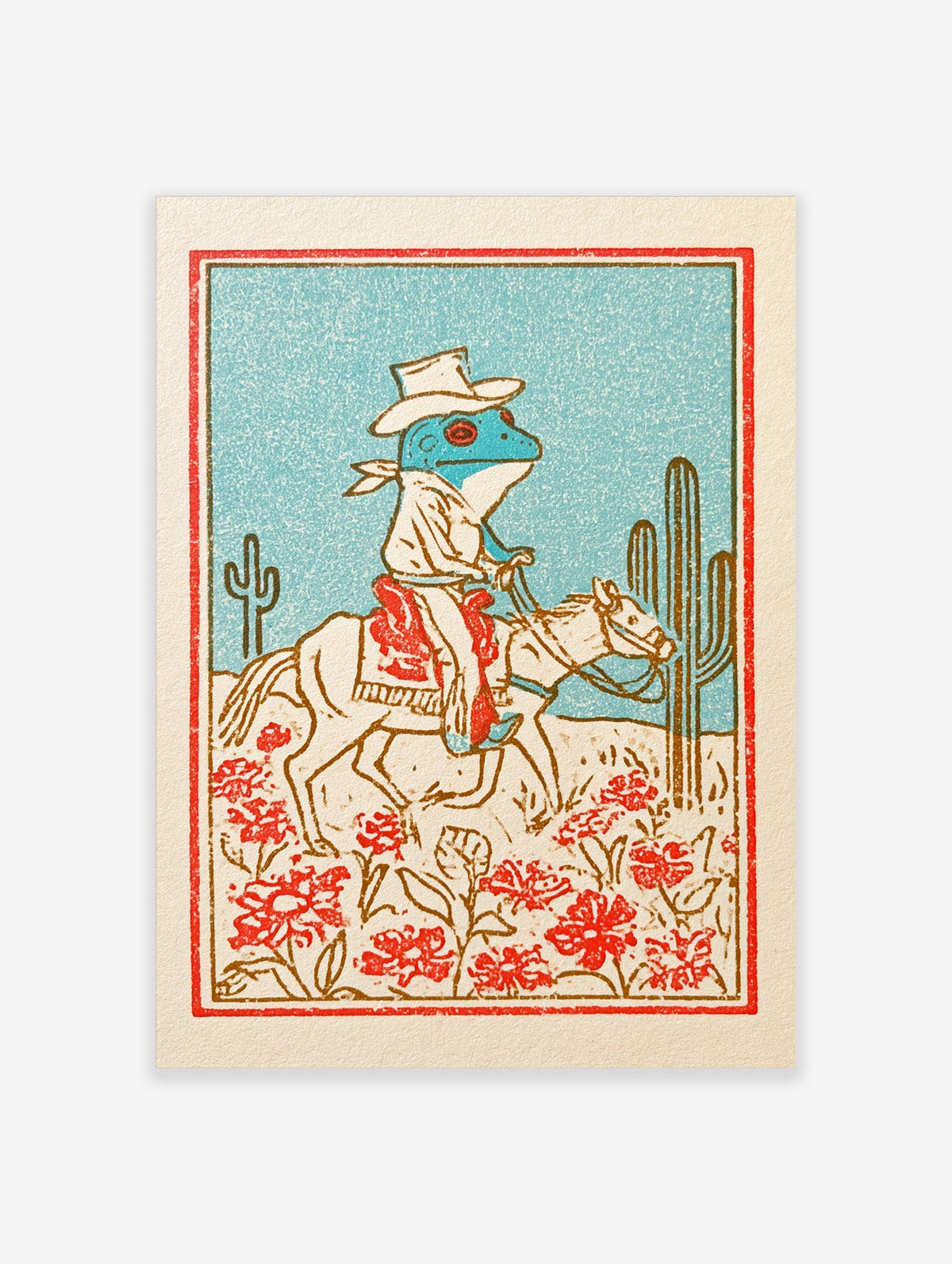Blue frog in a white cowboy hat riding a white horse through a desert with cacti and red flowers