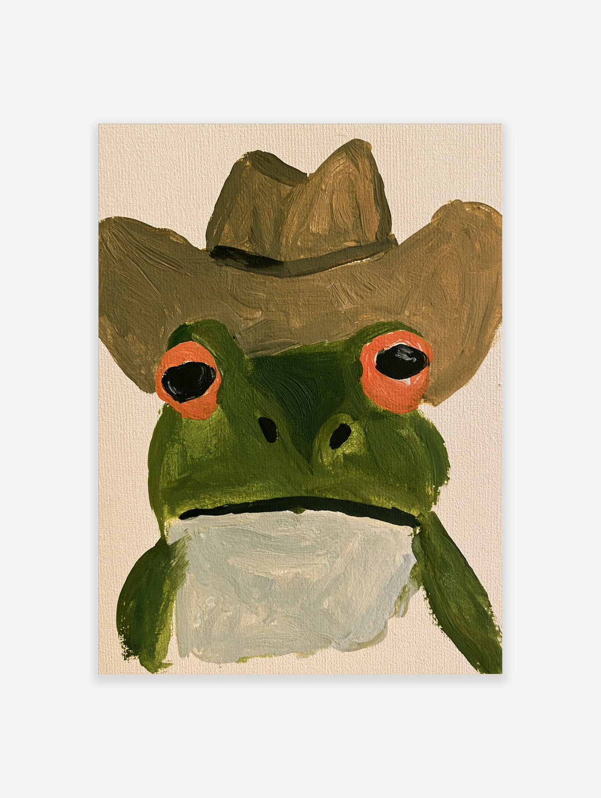 Whimsical green frog wearing a brown cowboy hat, illustrative wall art print on a cream background