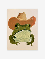 Green frog wearing a brown cowboy hat in a painterly illustrative style art print