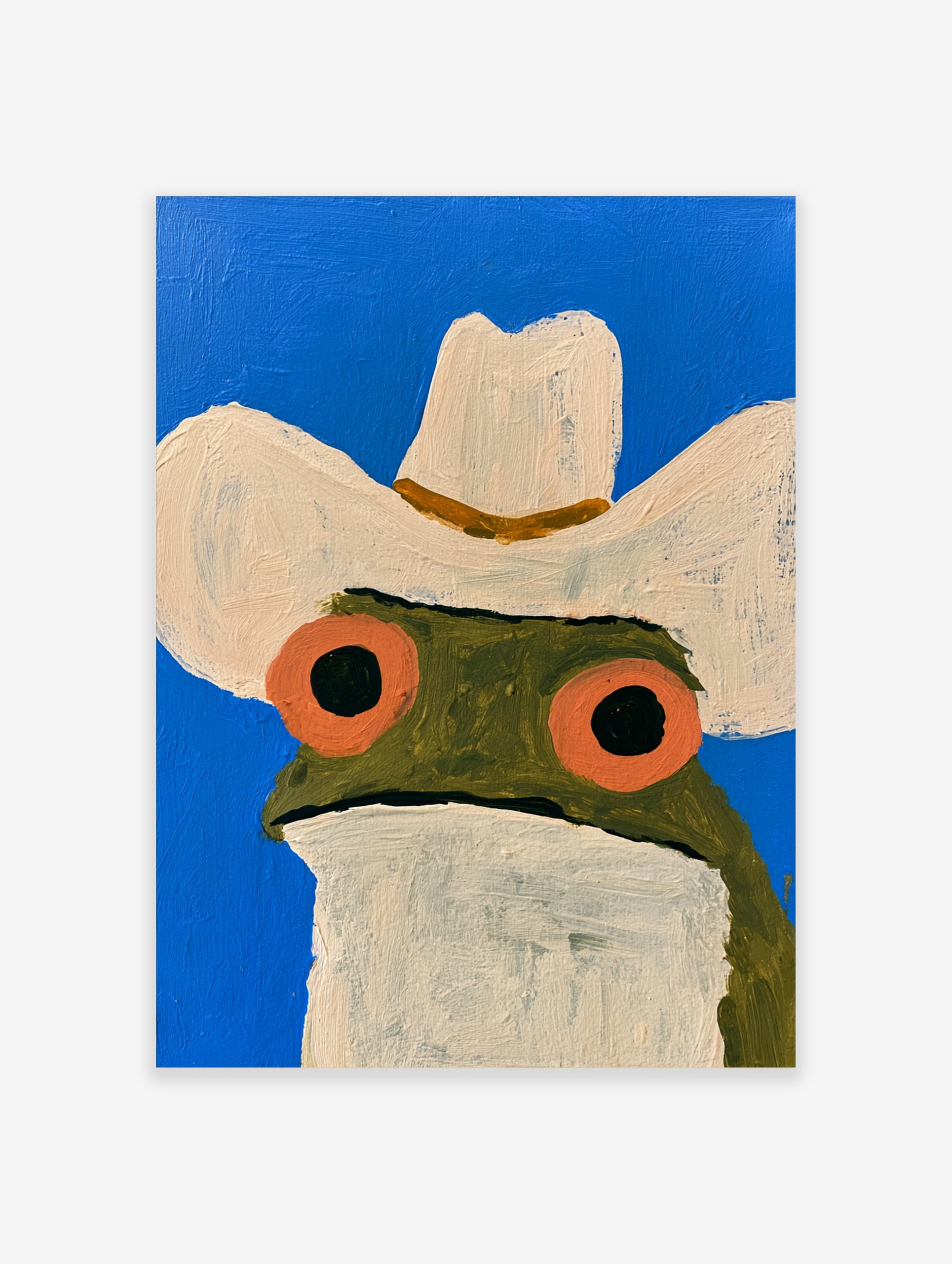 Illustration of a frog wearing a cowboy hat against a bright blue background, art print on satin paper